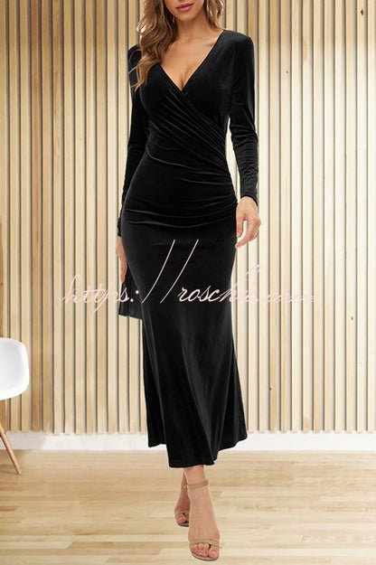 Color Velvet Long Sleeve V-neck Slim Fit Fishtail Maxi Dress