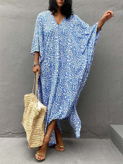 Batwing Sleeves Loose Leopard Split-side Sun Protection V-neck Cover-ups Swimwear Maxi Dresses