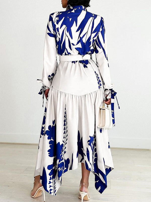 Irregular Clipping Long Sleeves Lace-up Pleated Printed Split-joint Tied Waist Lapel Maxi Dresses Shirt Dress