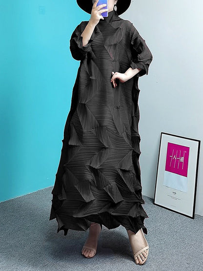 Long Sleeves Loose Pleated Color Stand Collar Maxi Dresses