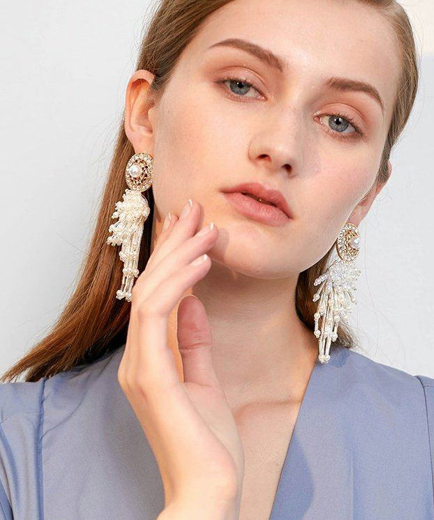 White Hollow Out Pearl Tassels Exaggeration Alloy Drop Earrings