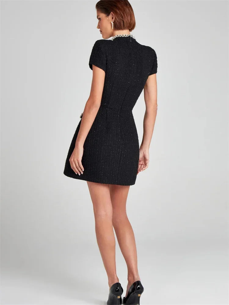 Tosssy Shiny Female Mini Dress Pocket Short Sleeve Patchwork Slim Party Dress Gown ’s Glitter Vntage Dress