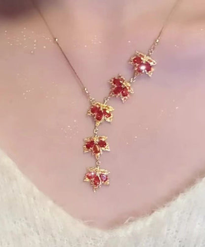 Red Sterling Silver Overgild Maple Leaf Pendant Necklace