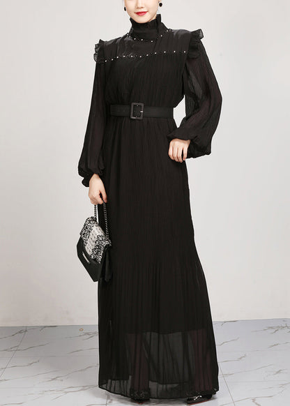 French Black Ruffled Chiffon Maxi Dresses Fall Ar1038