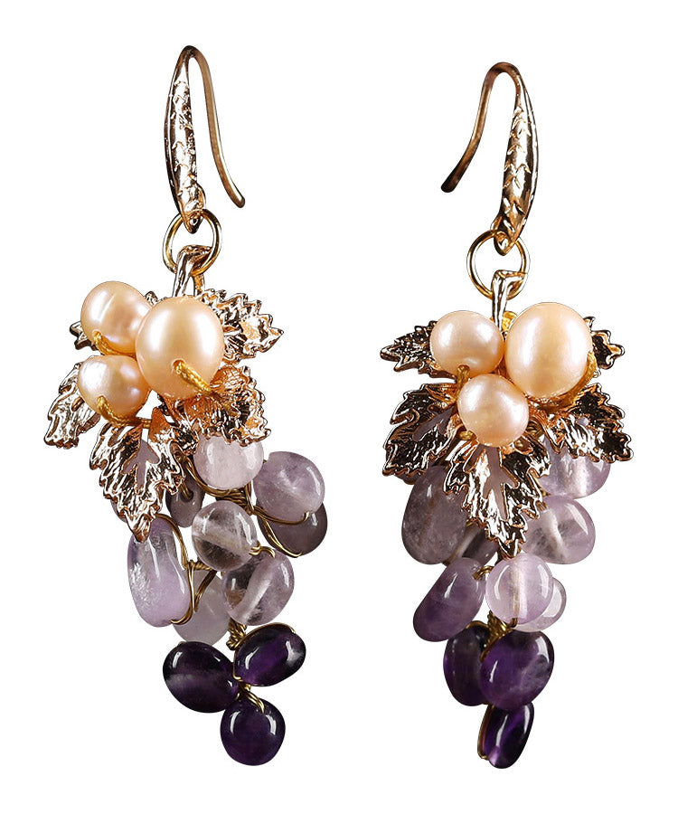 Purple Sterling Silver Crystal Pearl Grape Drop Earrings