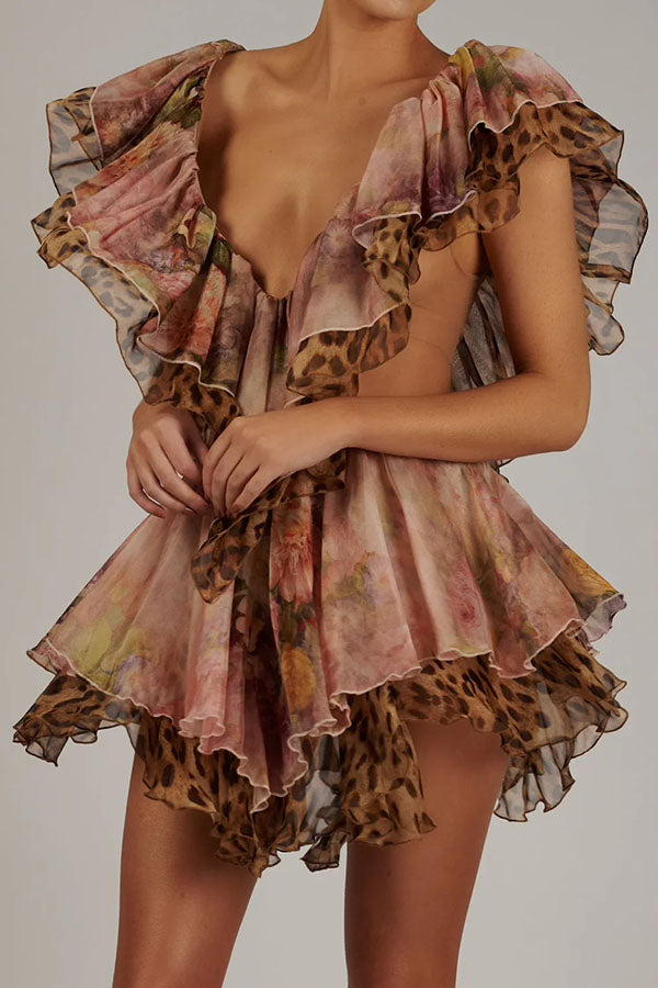 Dreamy Island Leopard Print Cutout Waist Tiered Ruffles Mini Dress