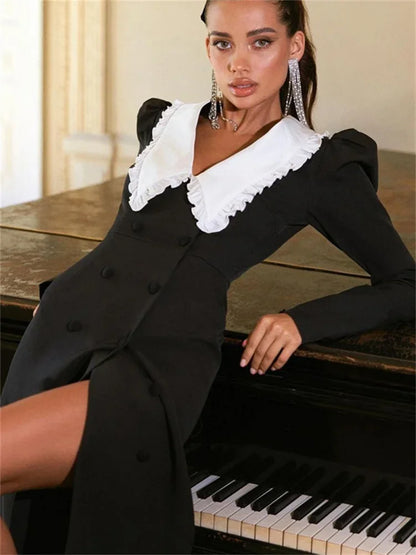 Autumn Maxi Dress Female Patchwork V-neck Contrast Slim High Split Party Dress Gown Dress
