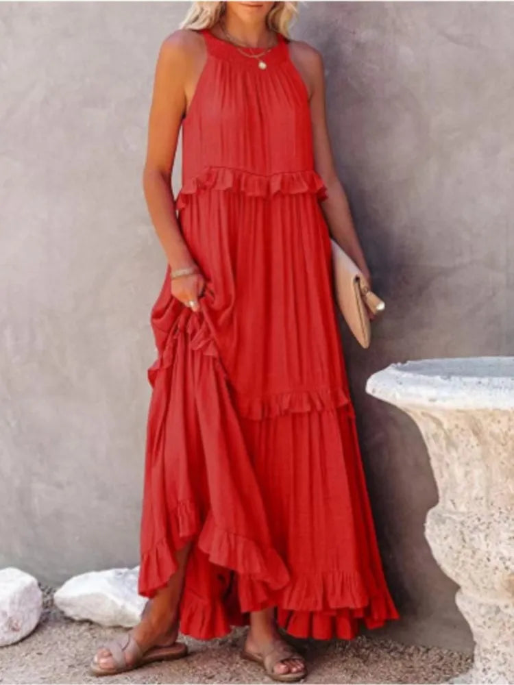 Summer Vacation Style Halter Neck Long Dresses Backless Leace-up Loose Ruffles Beach Dress Vestidos