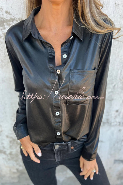 Holiday Look Metallic Loose Pocket Button-down Blouse