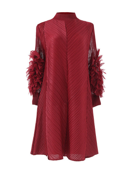 Long Sleeves Loose Embroidered Pleated Color Round-neck Midi Dresses