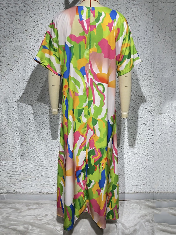 Loose Short Sleeves Contrast Color High-waisted Printed V-neck Maxi Dresses