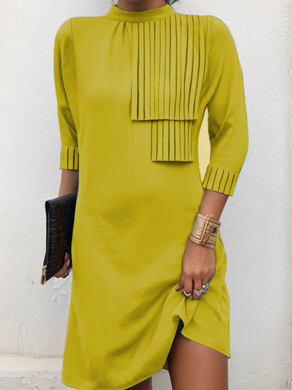Loose Three-quarter Sleeves Buttoned Pleated Color Split-joint Tasseled Mock Neck Mini Dresses
