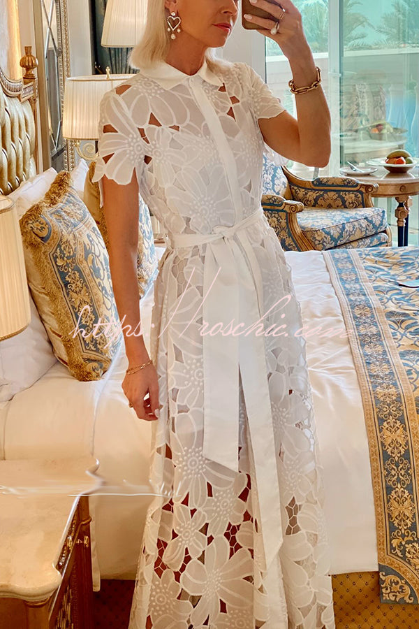 Dubai Style Crochet Lace Short Sleeve Tie-up Shirt Maxi Dress