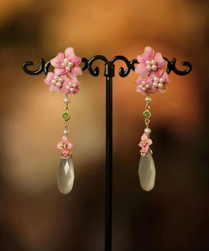 Chinese Style Pink Sterling Silver Overgild Tassel Drop Earrings
