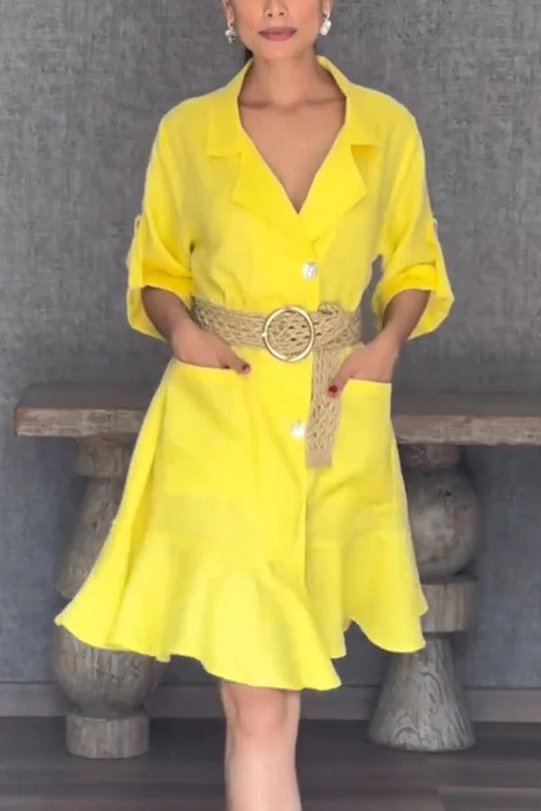 Color Lapel Pocket Ruffle Loose Mini Dress