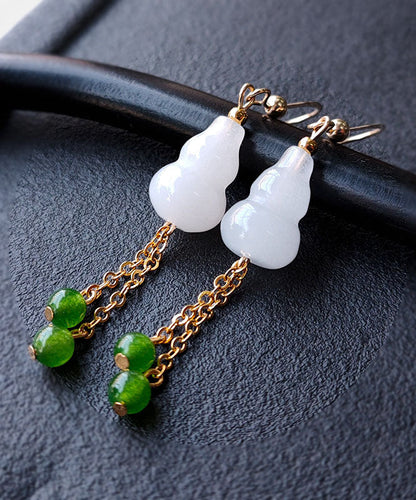 White 14k Gold Jade Gourd Gem Stone Tassel Drop Earrings
