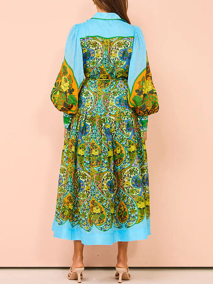 High Waisted Loose Puff Sleeves Belted Printed Lapel Midi Dresses