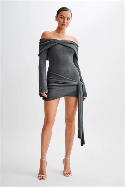 Off Shoulder Tie Knit Sweater Dress
