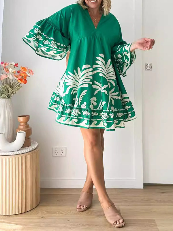 A-line Flared Sleeves Flower Print Pleated Split-joint V-neck Mini Dresses