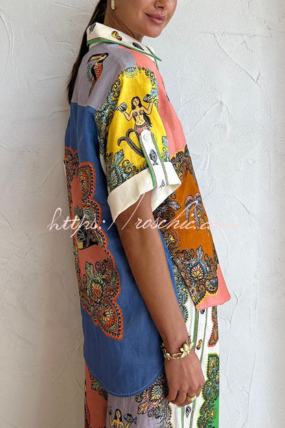 And Posh Linen Blend Mermaid Print Button Down Oversized Blouse