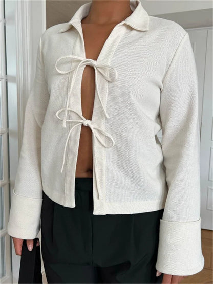 Lace-up Hollow Out Lapel Cardigan Coat High Waist Patchwork Slim Bandage Outwear Clothes