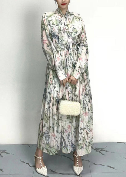 Classy Grey Bow Print Wrinkled Cotton Long Dresses Long Sleeve Ao1011
