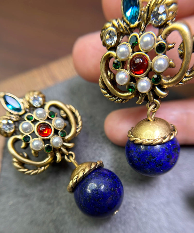 Boutique Blue Sterling Silver Overgild Fleur-de-lis Gem Stone Drop Earrings