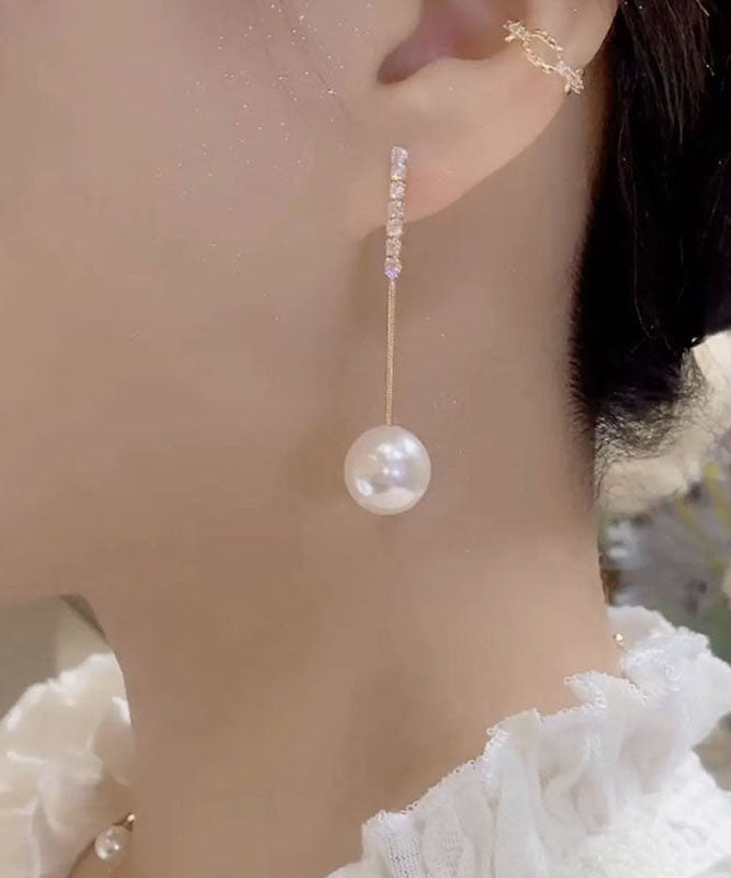 Fine White Fine Sterling Silver Overgild Zircon Pearl Tassel Drop Earrings