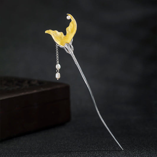 925 Sterling Silver Chinese Fish Tail Pearl Tassel Hairpin