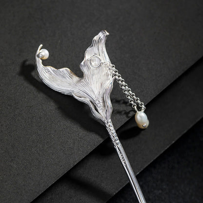 925 Sterling Silver Chinese Fish Tail Pearl Tassel Hairpin