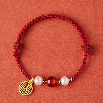 925 Sterling Silver Red String Bracelet With Fu Character