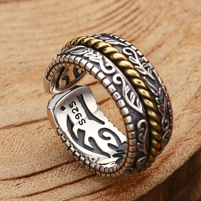 925 Sterling Silver Tang Dynasty Flower Design Luck Adjustable Ring
