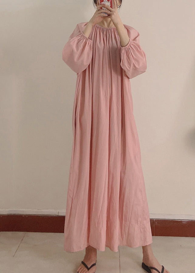 Pink Wrinkled Pockets Maxi Dress Long Sleeve Tt1044