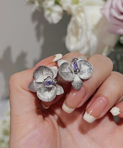 Fine Purple Sterling Silver Crystal Butterfly Orchid Stud Earrings