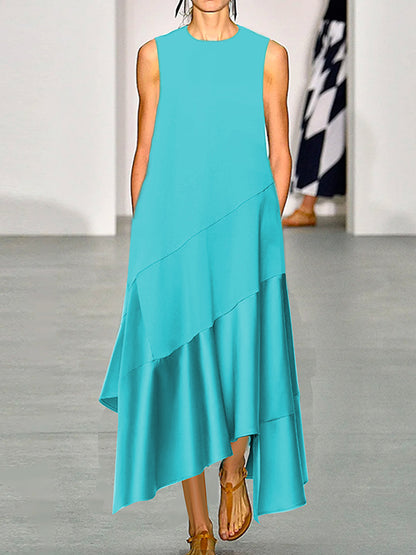 A-line Loose Asymmetric Pockets Ruffled Round-neck Maxi Dresses