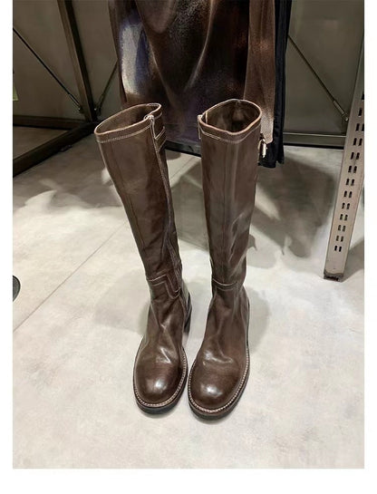 Washed Horse Round Toe Belt Buckle Thick Boots