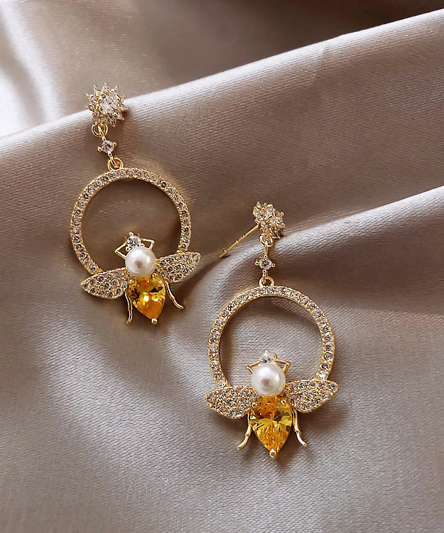 Yellow Alloy Crystal Zircon Bee Hoop Earrings