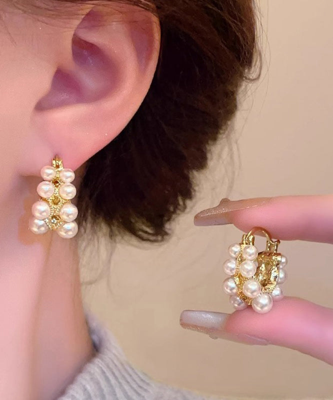 White Copper Alloy Asymmetrical Pearl Hoop Earrings