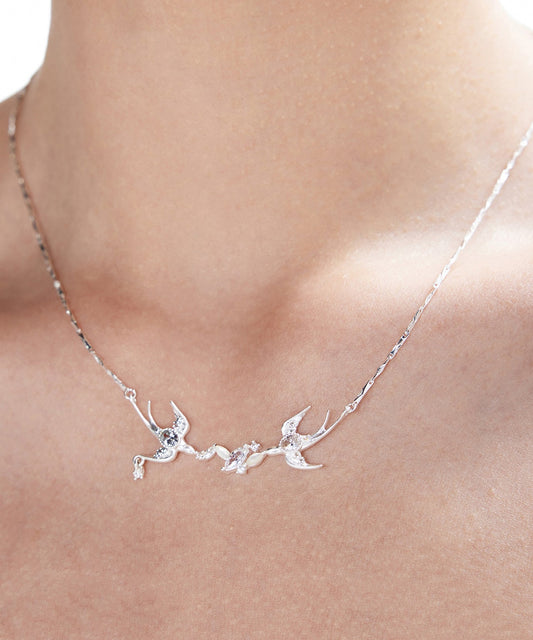 Natural White Freshwater Pearl Zircon Double Swallow Silver Plated Choker