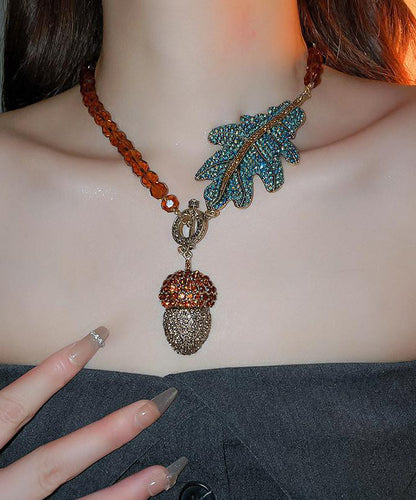 Coffee Alloy Zircon Crystal Leaves Pendant Necklace