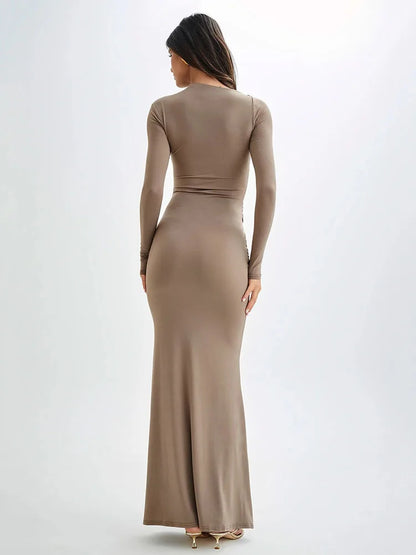 Long Sleeved Elastic Tight Long Dress Bodycon Pleated Evening Dress Slimming Party Club Vestido Fall