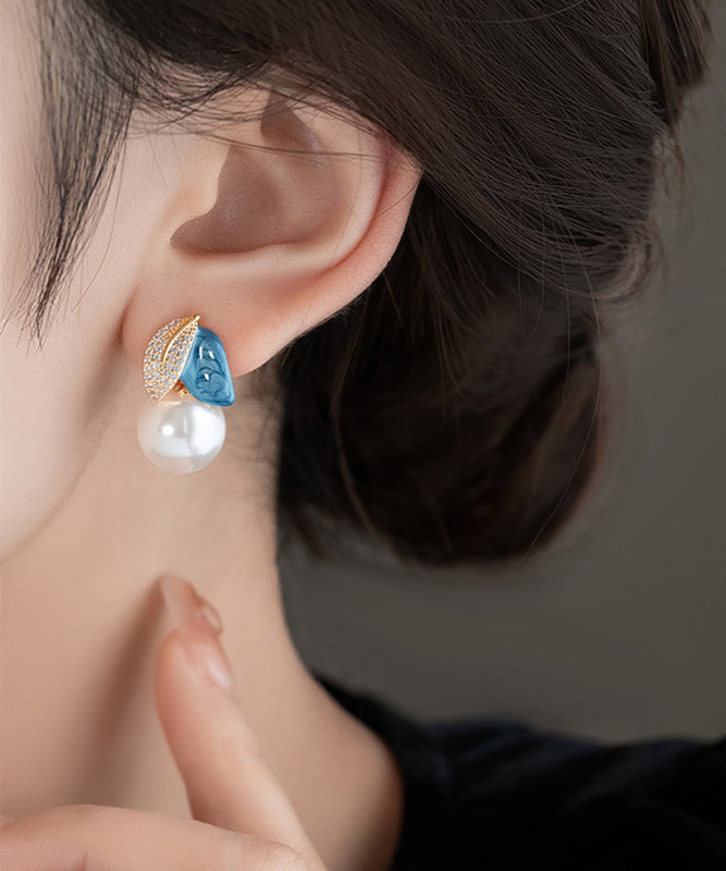 Bluecopper Zircon Asymmetric Pearl Enamel Drop Glaze Stud Earrings