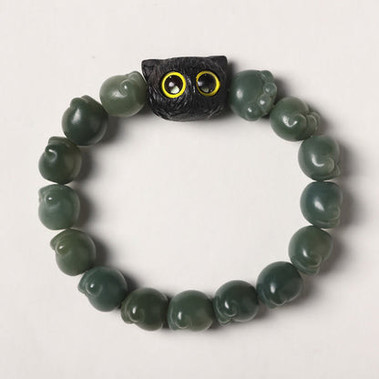 Buddha Stones Natural Bodhi Seed Paw Ebony Wood Lucky Cat Wisdom Bracelet