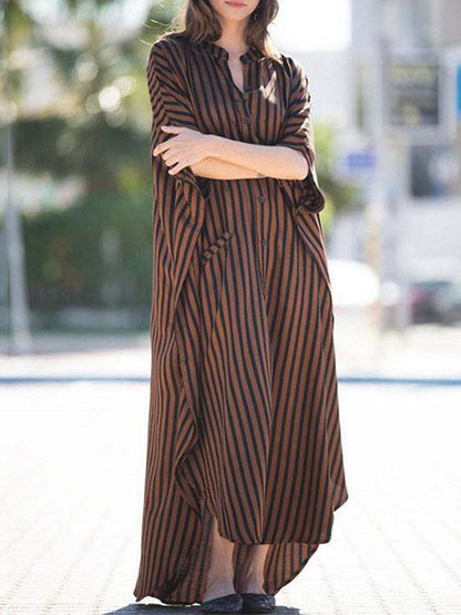 Batwing Sleeves Half Sleeves Buttoned Pockets Striped Round-neck Beach Cover-up Maxi Dresses