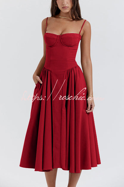 Color Slim Fit Suspender Pocket Midi Dress