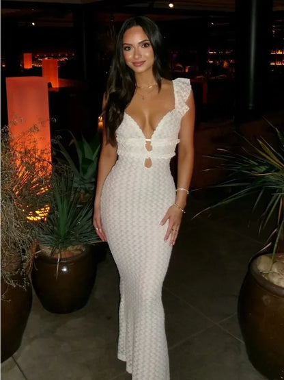 Knit V-neck Maxi Dress ’s Slim High Waist See-through Patchwork Bandage Backless Dress Female Knitwear Dress