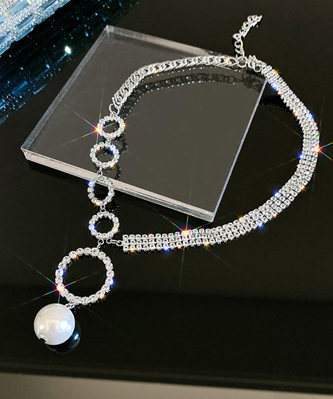 Unique White Alloy Zircon Pearl Tassel Pendant Necklace