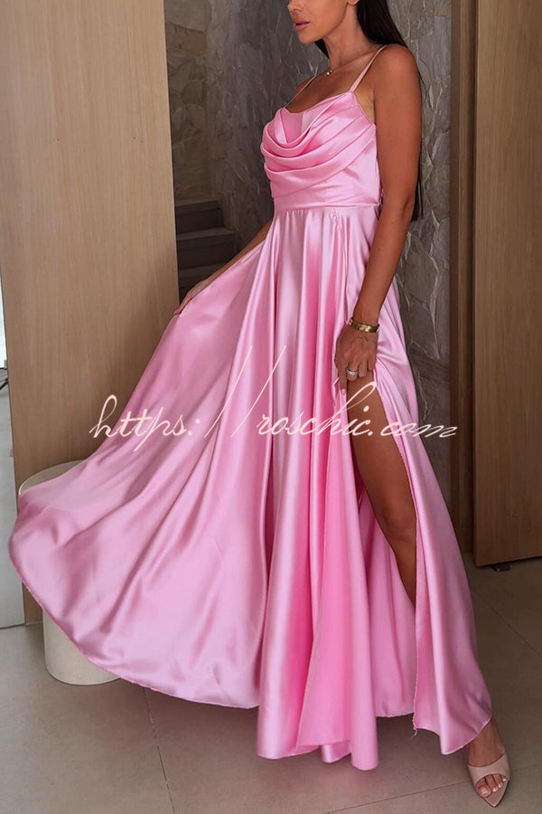 Color Suspender Back Pleated Slit Full Hem Maxi Dress