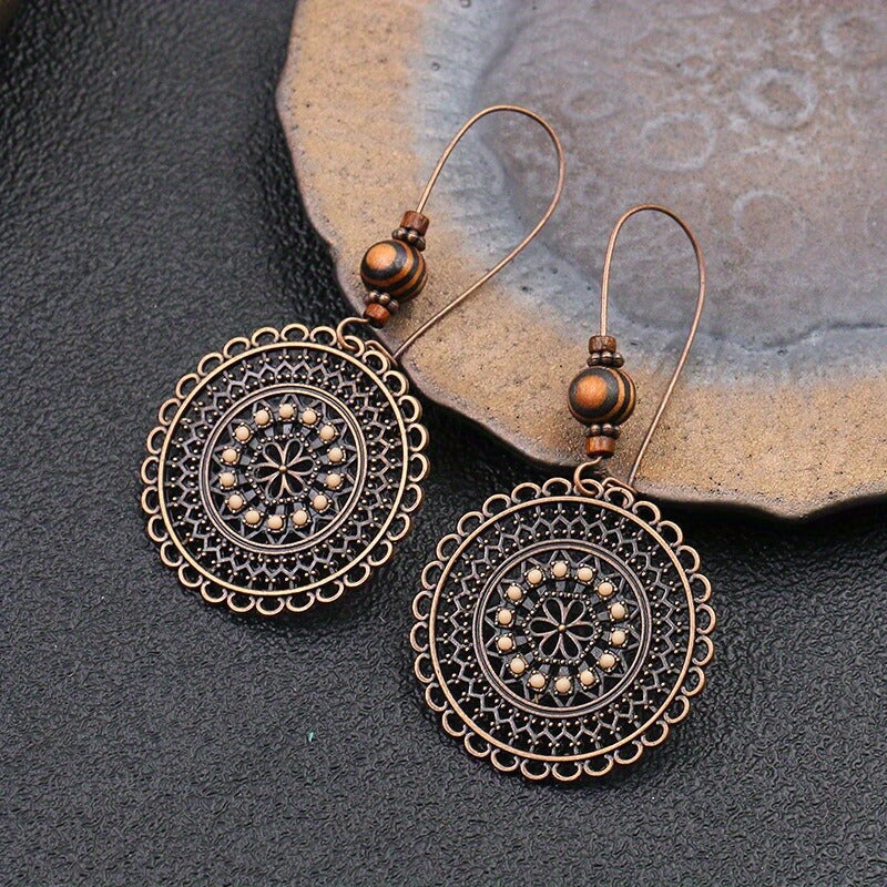 Retro Round Flower Rhinestone Wooden Beads Style Earrings