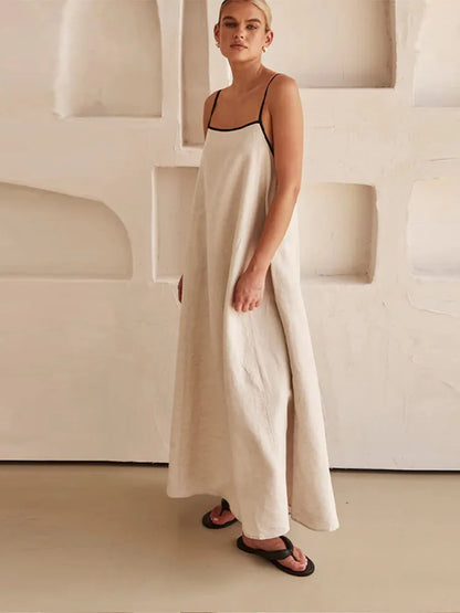 Cotton Linen Sling Dress Summer Backless Sleeveless Slip Long Dresses Lady Loose Maxi Dress